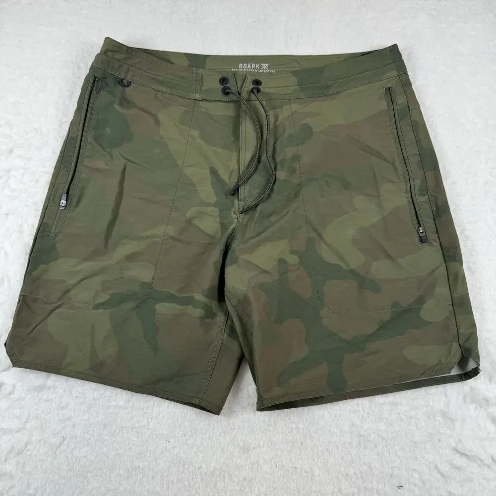 Roark Shorts Mens Size 33 Green Camo Microfiber Drawstring Stretch Pockets
